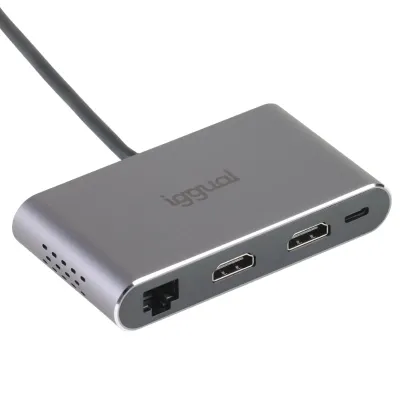 Hub USB iggual C 8 en 1 2xHDMI 2xUSB 2xSD RJ45 PD100W Gris