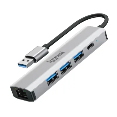 Hub USB iggual IGG320778 USB-A 5 puertos 3xUSB 3.0 RJ45 Tipo C Gris