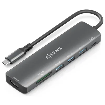 Hub USB-C AISENS ASUC-7P025-GR 7 en 1 HDMI 3xUSB-A USB-C PD 100W Lector SD Gris