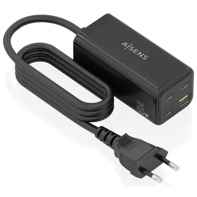 Estación de carga Aisens Cargador Sobremesa GaN 100W USB-C USB-A Negro