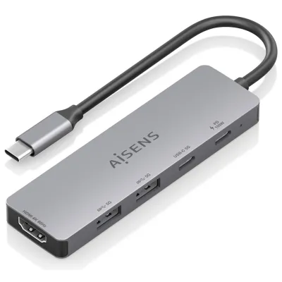 Hub USB-C AISENS 5 en 1 1xHDMI 2xUSB-A 1xUSB-C 100W PD Gris
