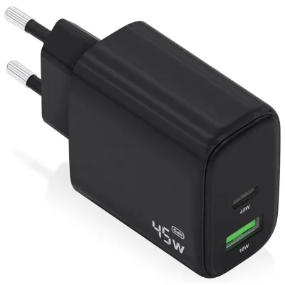 Cargador de pared Aisens Cargador GaN 45W 1xUSB-C PD3.0 QC4.0 1xUSB-A QC3.0 USB-C USB-A Negro