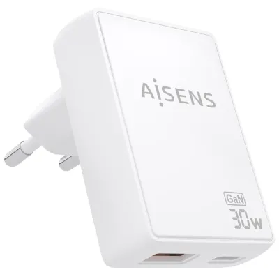 AISENS Cargador De Pared GaN Ultra Delgado 30W, 1xUSB-C PD3.0 QC4.0, 1xUSB-A QC3