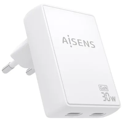 AISENS Cargador De Pared GaN Ultra Delgado 30W, 2xUSB-C PD3.0 QC4.0, Blanco
