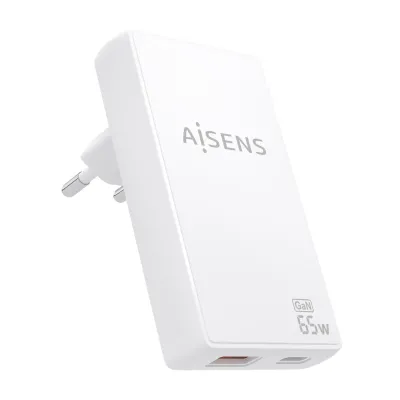 AISENS Cargador De Pared GaN Ultra Delgado 65W, 1xUSB-C PD3.0 QC4.0, 1xUSB-A QC3