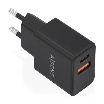 Cargador de pared Aisens Cargador GaN 20W USB-C USB-A Negro