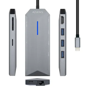 Hub USB-C AISENS 8 en 1 HDMI RJ45 3xUSB PD 100W SD Gris