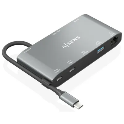 Hub USB-C AISENS 8 en 1 HDMI VGA RJ45 USB-A USB-C PD 100W Gris