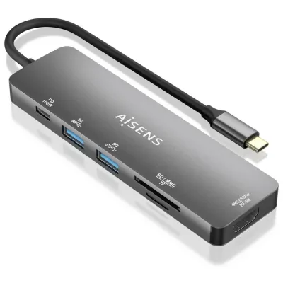 Hub USB-C Aisens 6 en 1 HDMI 2xUSB-A USB-C PD 100W Lector SD Gris