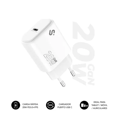 SUBBLIM Cargador USB-C GaN 20W , Power Delivery 3.0 & PPS, Enchufe Rápido para i