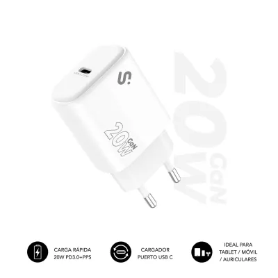 SUBBLIM Cargador USB-C GaN 20W , Power Delivery 3.0 & PPS, Enchufe Rápido para i