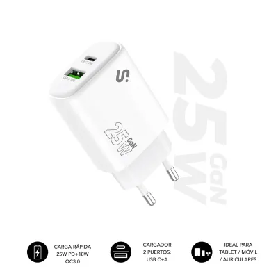 SUBBLIM Cargador GaN 25 W USB-C PD 3.0 + PPS & USB-A QC 3.0, Doble Puerto Rápido
