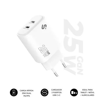 CARGADOR PARED/VIAJE 2x USB-C GaN 25W PD BLANCO SUBBLIM