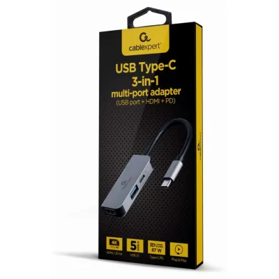 Hub USB Gembird A-CM-COMBO3-02 USB-C 3 puertos HDMI 4K 87W Power Delivery Plata