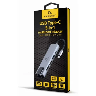 Hub USB Gembird A-CM-COMBO5-04 USB-C HDMI Ethernet 87W Plata