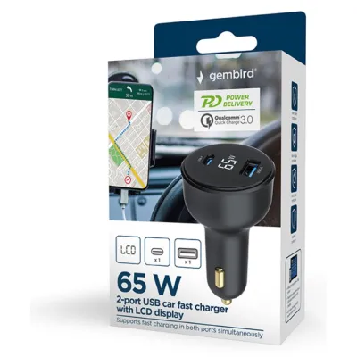 Cargador de coche Gembird TA-UC-AC2PD65LCD-CAR-01 USB-C USB-A Negro 65W